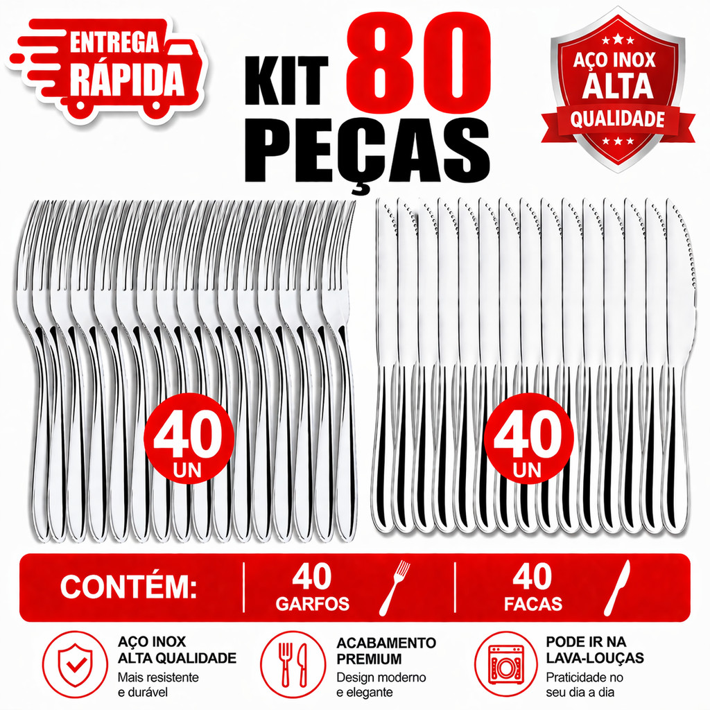 80 Peças Talheres Inox 40 Faca 40 Garfo Casa Cozinha Restaurante Buffet Qualidade Resistência Utilidades