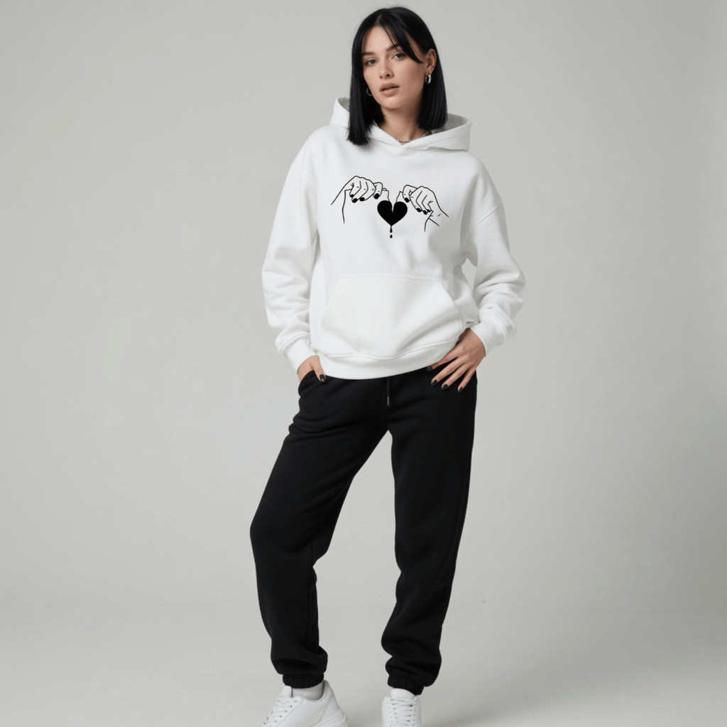 Conjunto Feminino de Moletom Canguru Calça Kit Estampada Coração Partido 100% Algodão Blusa De Frio Capuz Cadarço Bolso