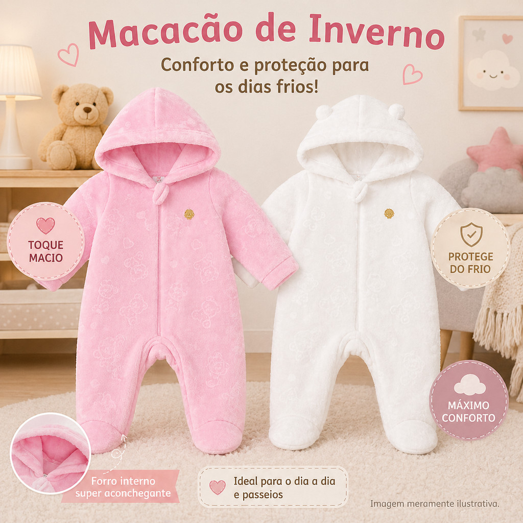 Macacão Longo Bebê Kiko Baby Fleece Estampa Ursa Com Capuz