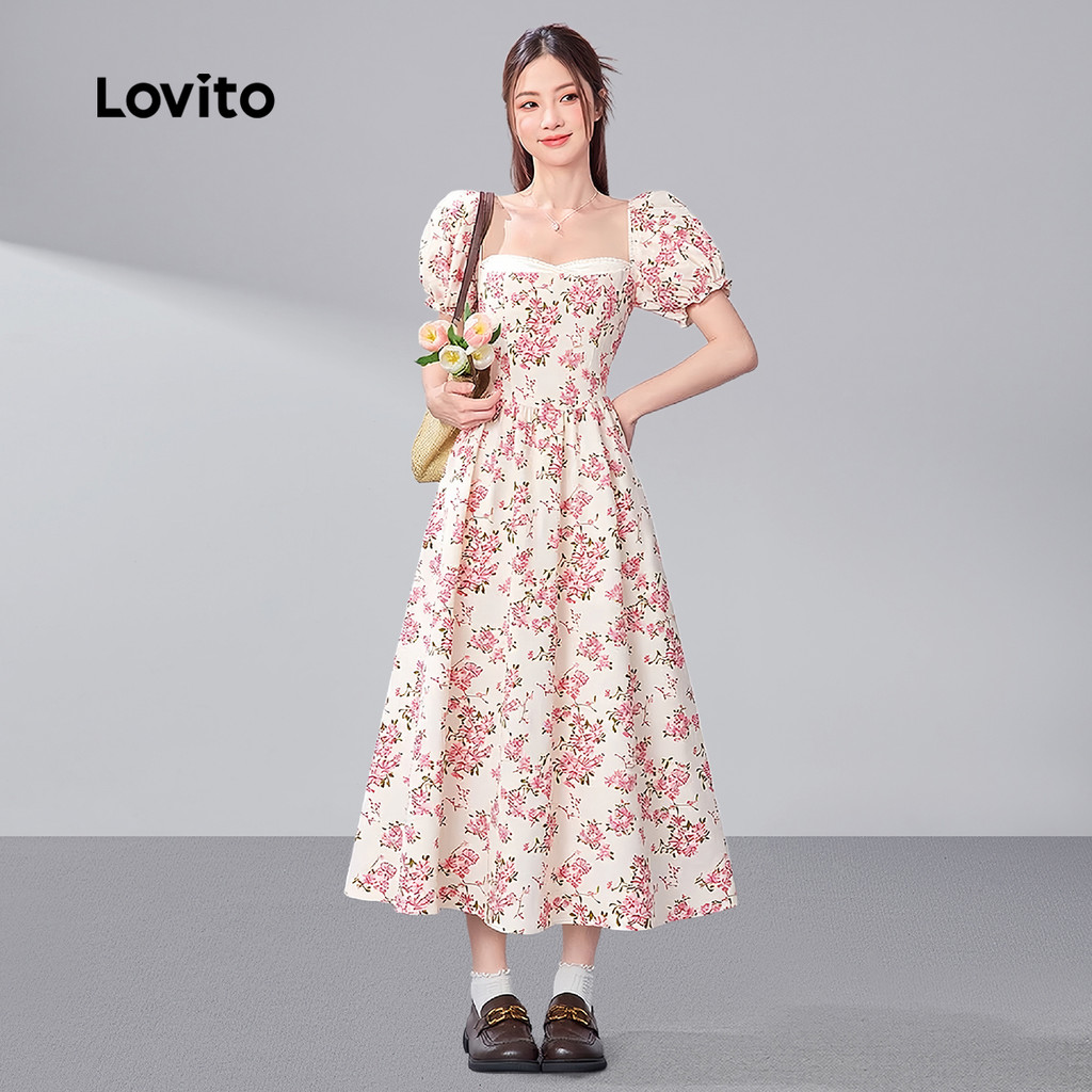 Lovito Vestido Elegante Casual Com Padrão De Renda Drapeado Vestido De Primavera/Verão Para Mulheres Bordado L191AD089 · foto 2
