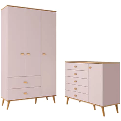 Guarda-Roupa Bartira Ternura com 3 Portas, 2 Gavetas + Cômoda Bartira Ternura com 5 Gavetas e 1 Porta