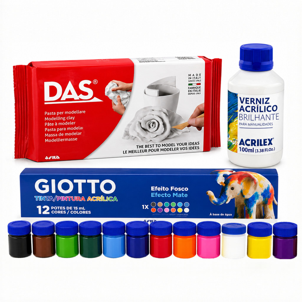 Kit Massa para Modelar DAS Branca 500g com Tinta Acrílica 12 Cores e Verniz Brilhante 100ml Acrilex
