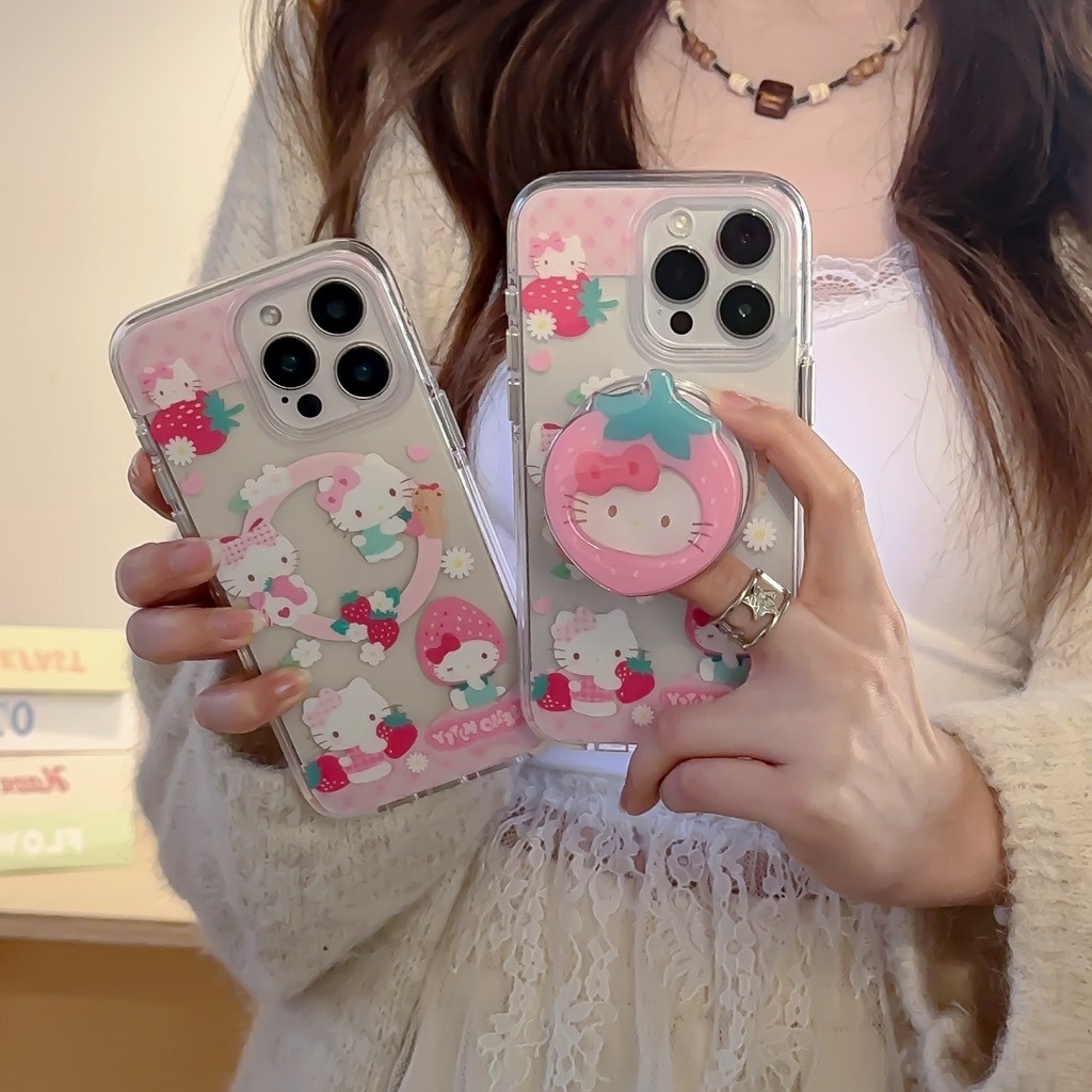 Ins Style Pink Girl Bonito Magnético Dupla Face imd Morango KT Cat Adequado para 16 Apple 15promax Suporte Capa de Telef