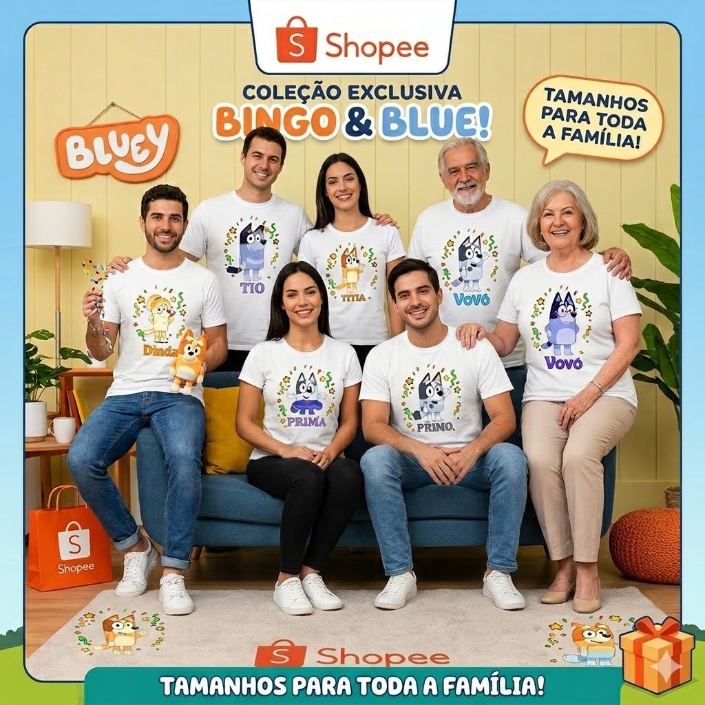 Camiseta Bluey e Bingo Família Personalizada - Unidade Avulsa - Escolha Tio, Tia, Primo, Vovó, Vovô - Algodão Premium