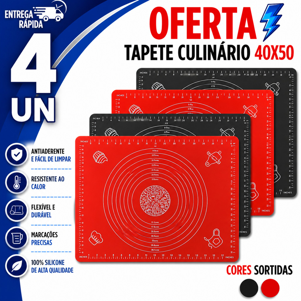 4 UN Tapete De Silicone Culinário 40x50cm Antiaderente Para Abrir Massa Confeitaria Cores Sortidas Premium Utilidades