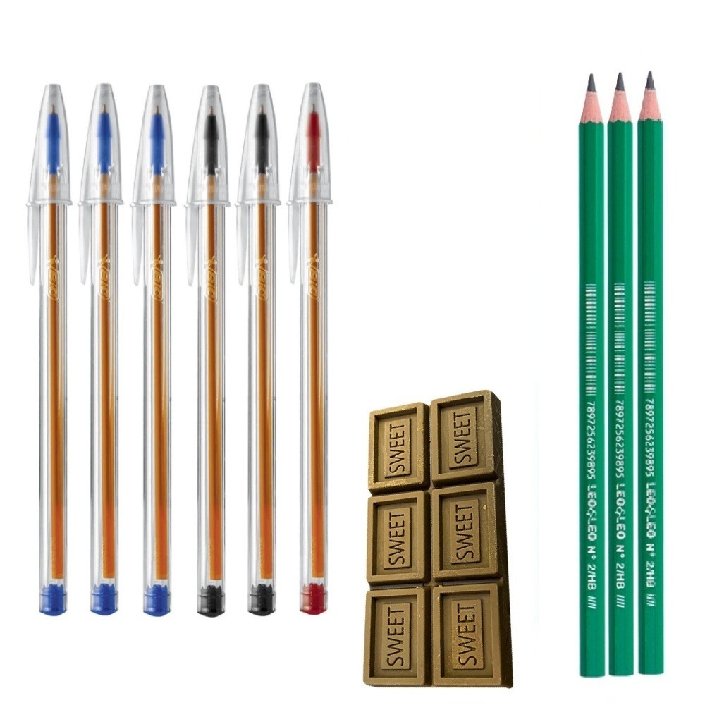 Kit Escolar 3 Lapis Leo s/borracha 1 Borracha e 6 Canetas Bic Fina