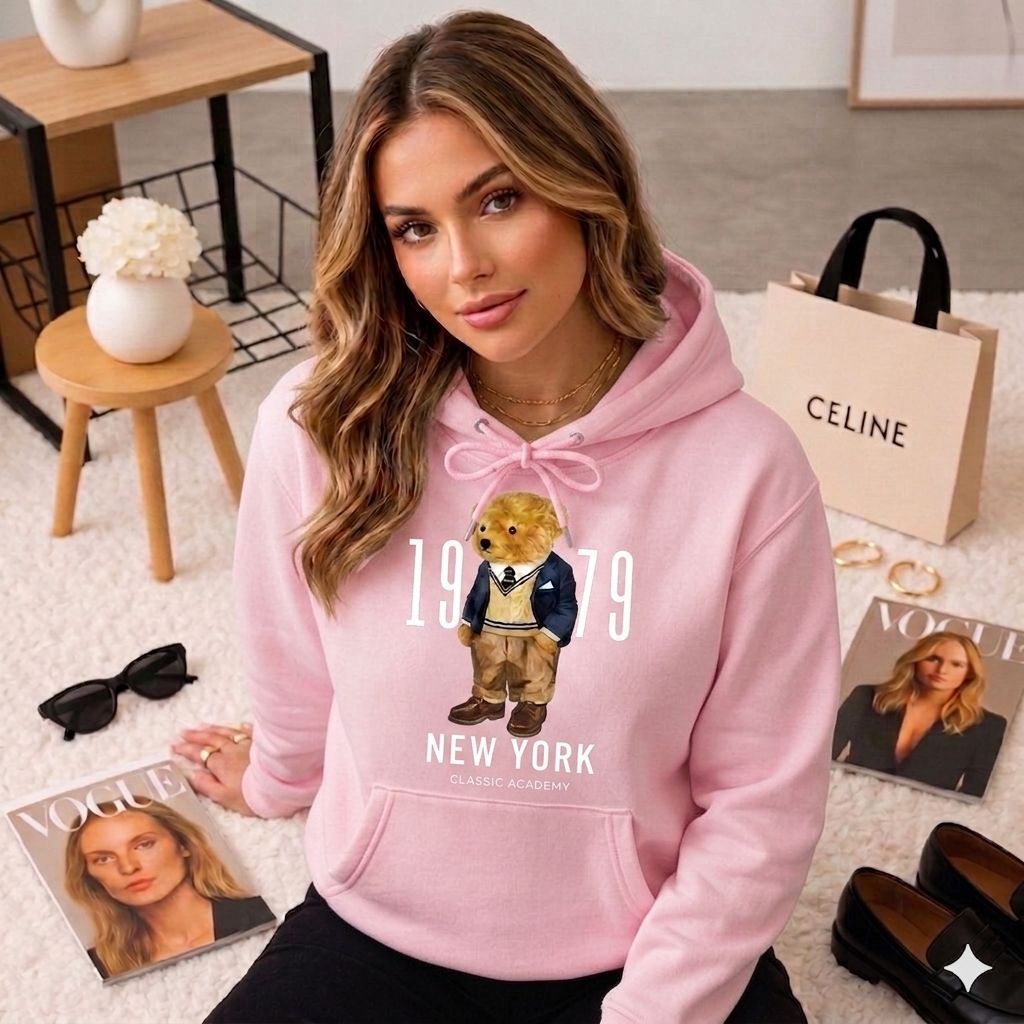 Moletom feminino urso peluciado inverno macio tendência oferta