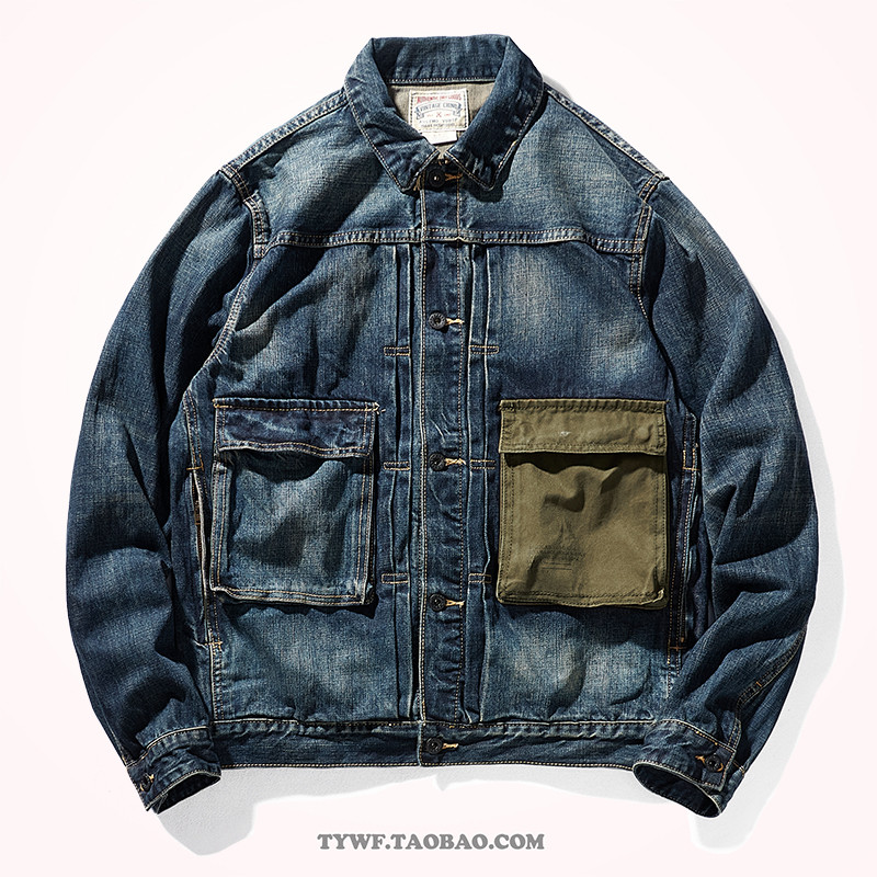 Jaqueta jeans masculina Retro macacão jaqueta contraste cor retalhos Ami cáqui pesado americano Casual lapela jaqueta je