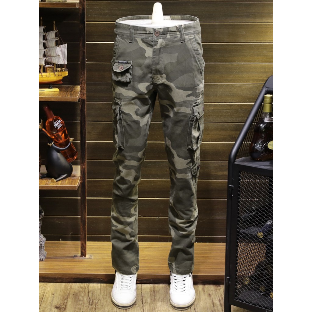 Primavera outono Workwear camuflagem Jeans masculino em linha reta magro-ajuste Multi-bolso calças compridas masculino a