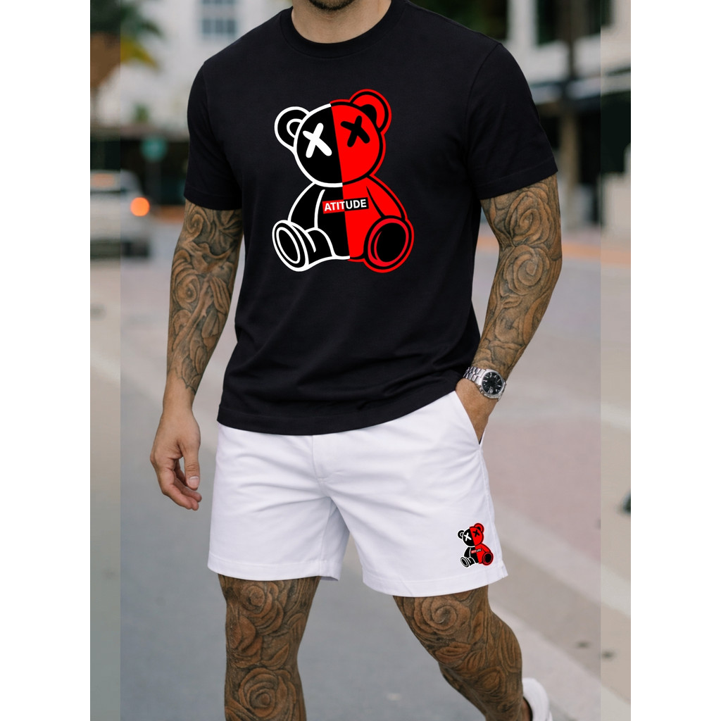 Conjunto Streetwear Camiseta Atitude 100% Algodão + Short Tactel Masculino Lançamento Promoção