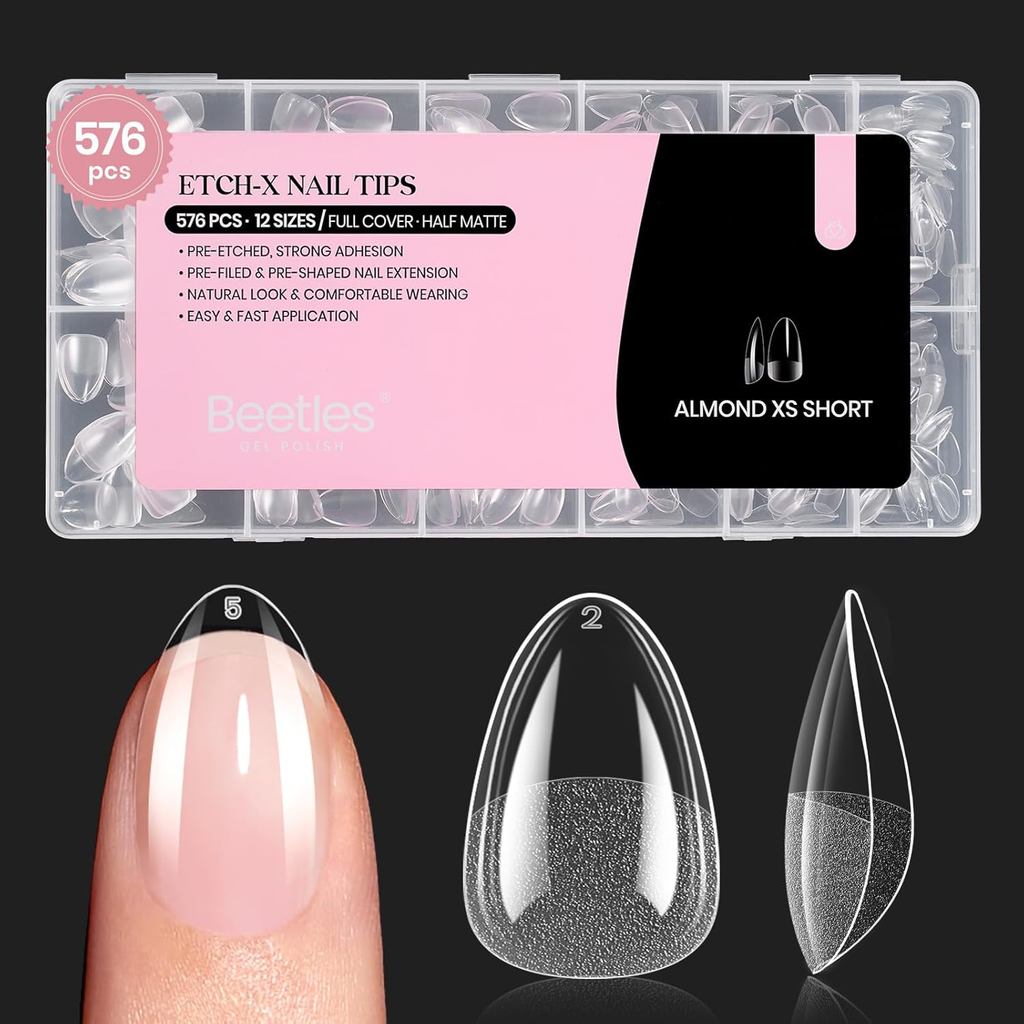 Beetles Pontas de Unhas de Gel 576 Peças, Unhas Postiças Extra Curtas Formato Amêndoa, Pontas de Unhas Press-on Semi-Mat