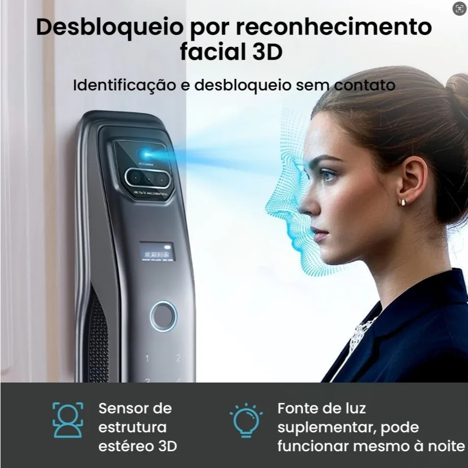 Fechadura Digital Inteligente 3D – Reconhecimento Facial, 7 Formas de Acesso, Câmera e App Tuya