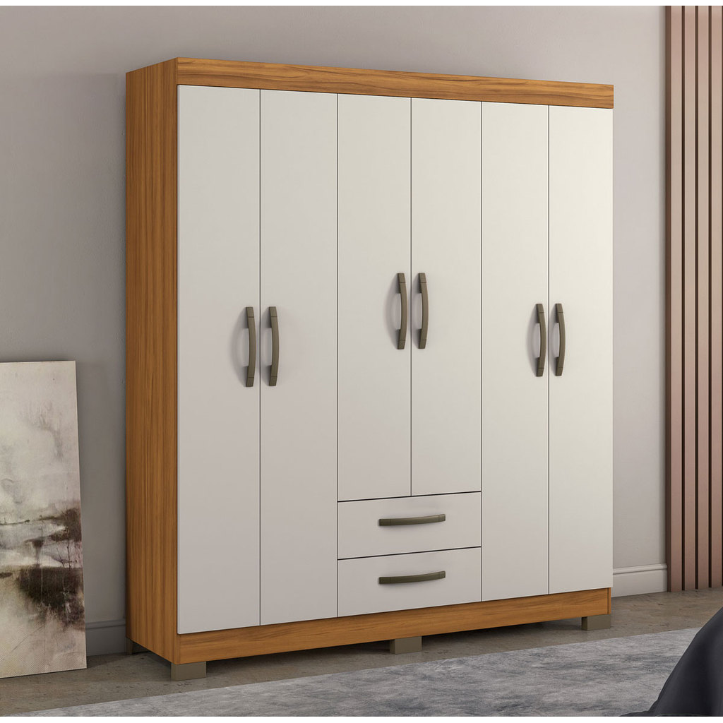 Guarda-Roupa Tairus Para Quarto Casal Moderno com 6 Portas 2 Gavetas Freijó com Off White MoveisAqui