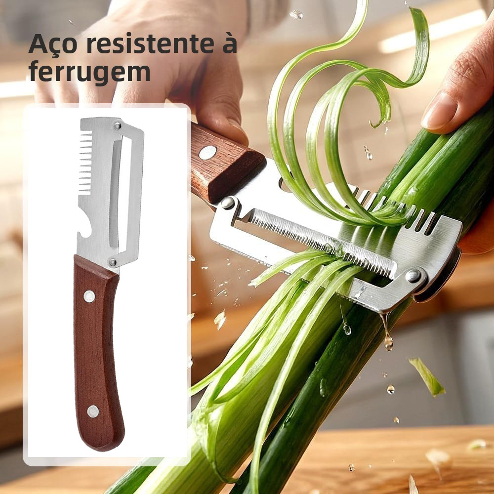Descascador De Aço Inoxidável 3 Em 1 Para Fatiar E Descascar Cozinha Com Alça De Madeira Abridor De Garrafas