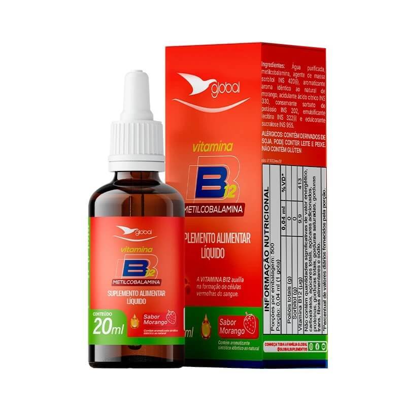 Vitamina B12 Metilcobalamina em Gotas Sabor Morango Global Suplementos 9,9mcg ~400 Doses 20ml