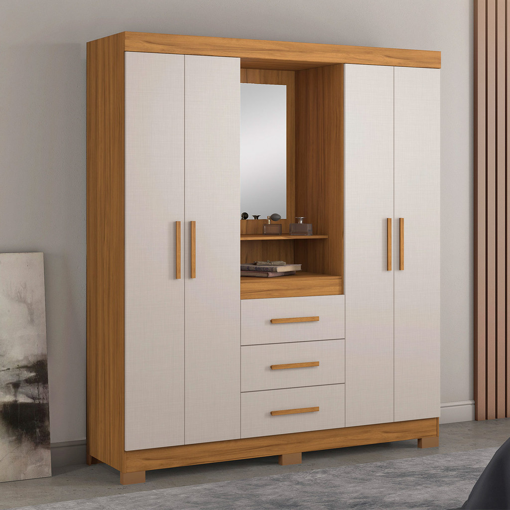 Guarda-Roupa Huntano Moderno com 4 Portas 3 Gavetas com Espelhos Freijó com Off White - MoveisAqui