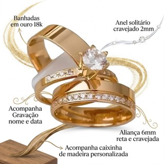 Par de Aliança Banhada a Ouro 18K Noivado Casamento - Compromisso + Anel cravejado (Opção para gravação) (COD-108+65)