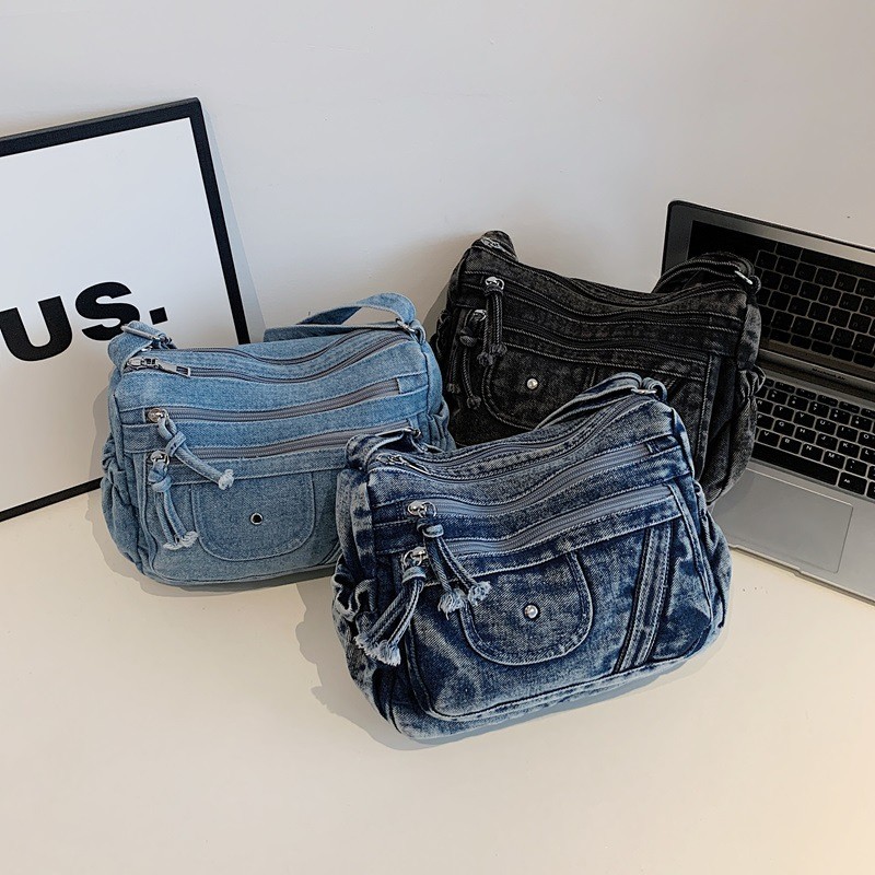 Bolsa jeans lavada, bolsa mensageiro de lona, bolsa de ombro com vários bolsos