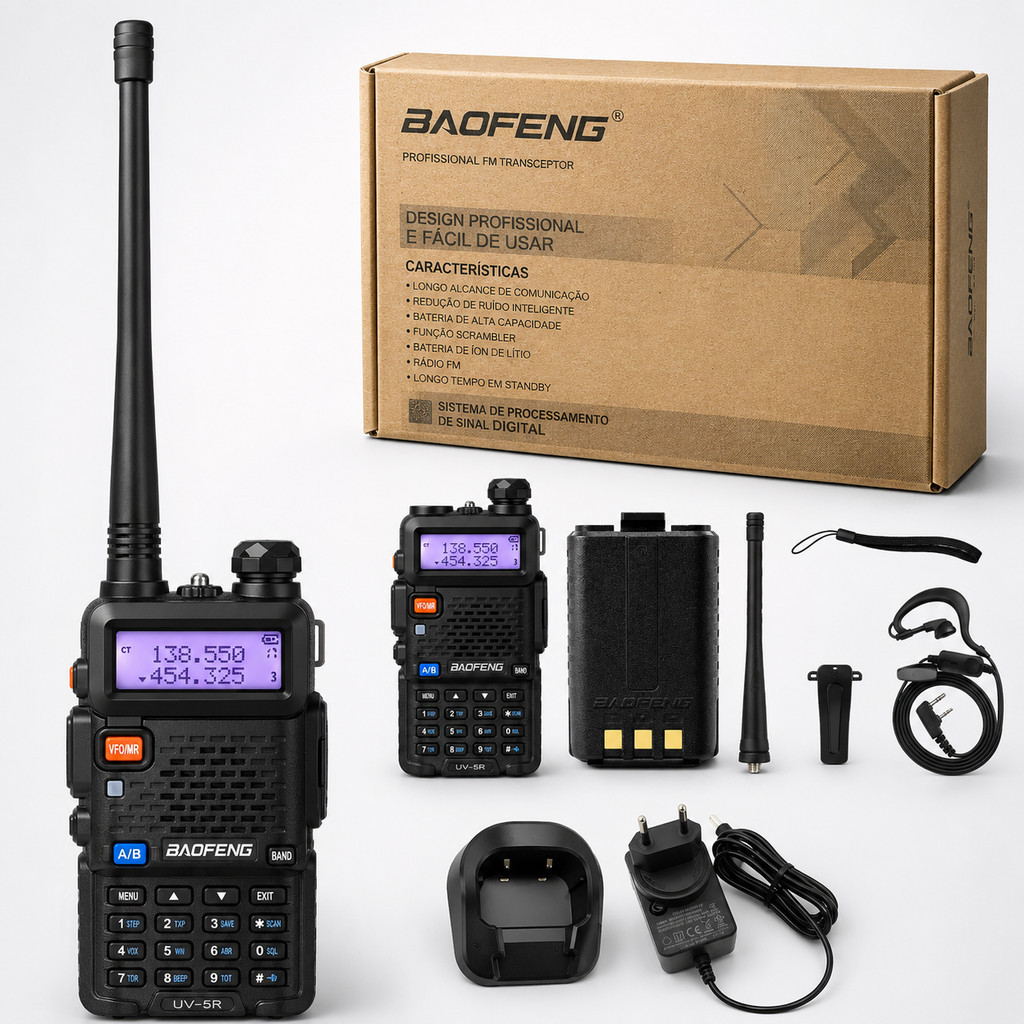 Rádio HT Baofeng UV-5R Profissional Dual Band 5W Com Fone Base Carregadora Lanterna LED e FM
