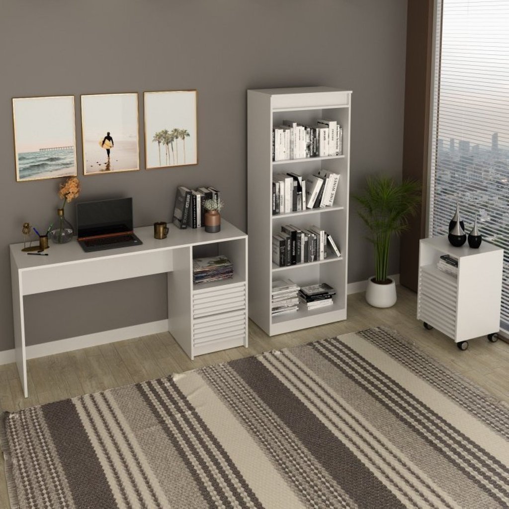 Conjunto 3 Peças 1 Mesa para Escritório 1 Gaveteiro 1 Estante Espresso Móveis Branco Branco