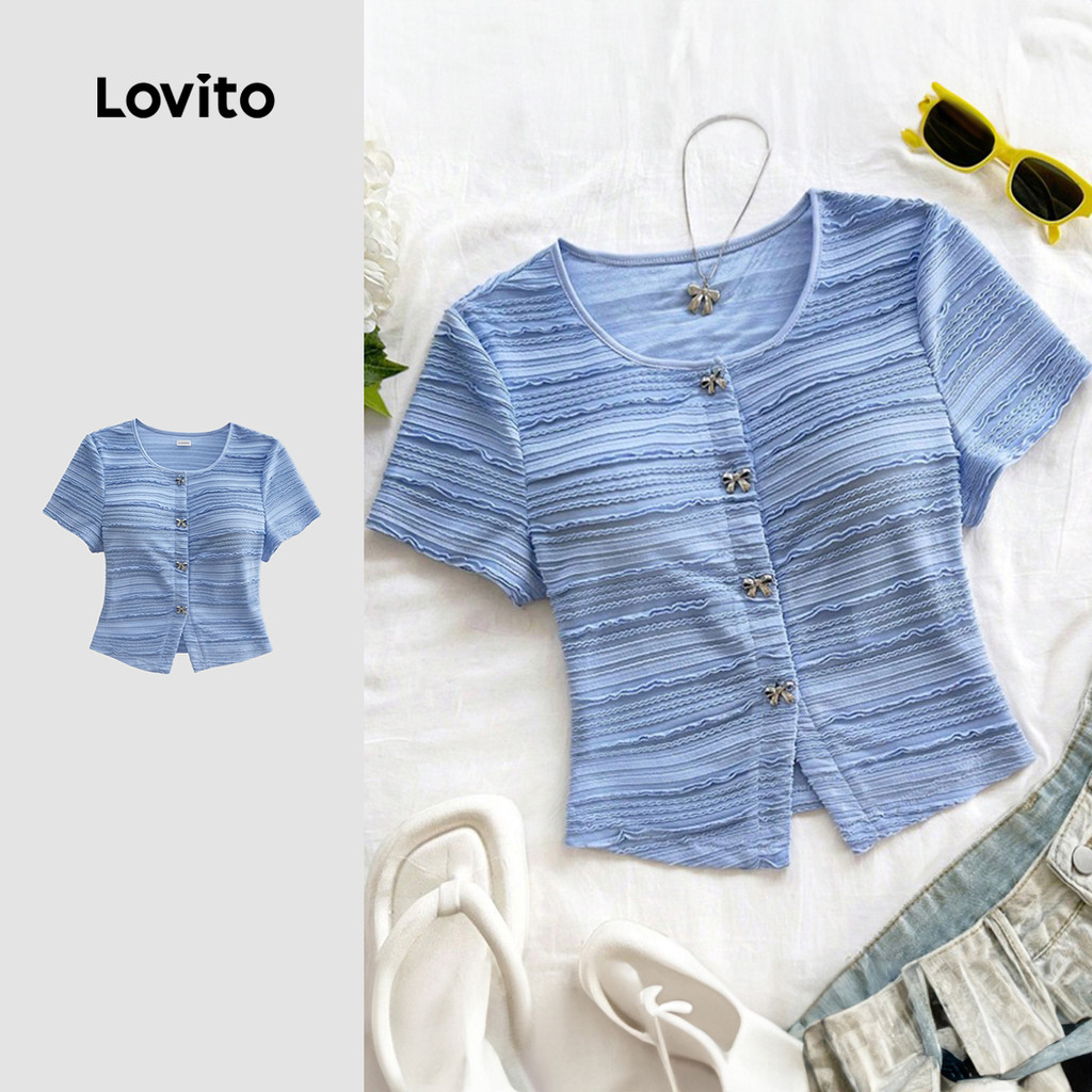 Lovito Camiseta Azul Claro Elegante Ideal para a Primavera/verão para mulheres LK5ED1555