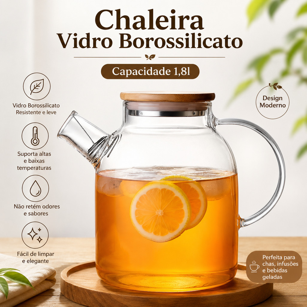 Chaleira De Vidro Borossilicato Com Tampa 1,8l Café Chá Água Bebidas Cozinha Utilidades Mesa