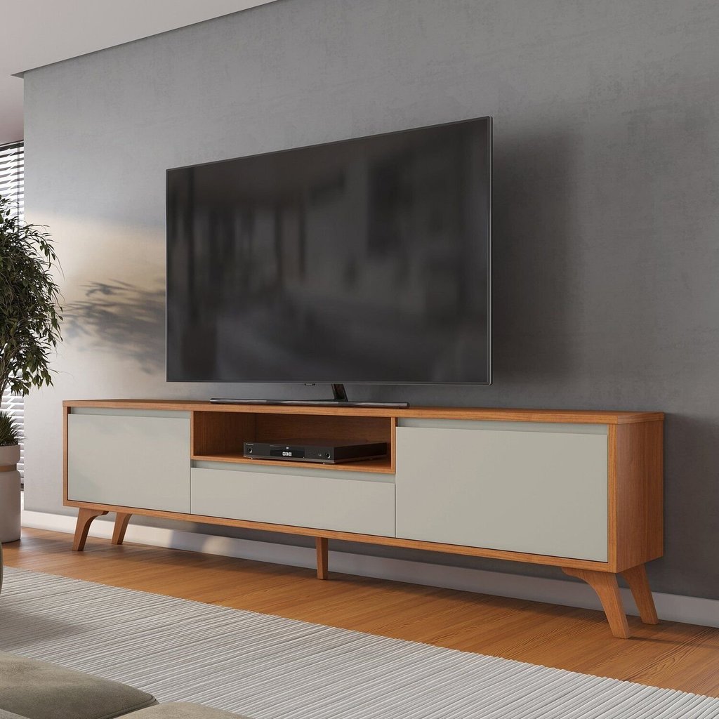 Rack para TV até 75 Polegadas MDF 237cm Pés em Madeira Maciça Piazza New Bege Naturalle/Off White Naturalle/Off White