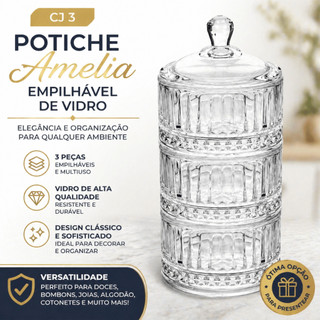 Jogo 3 Potiche Empilhavel Vidro Amelia Transparente - Shopping Presente / Bomboniere Doce Mesa Decoração Elegante