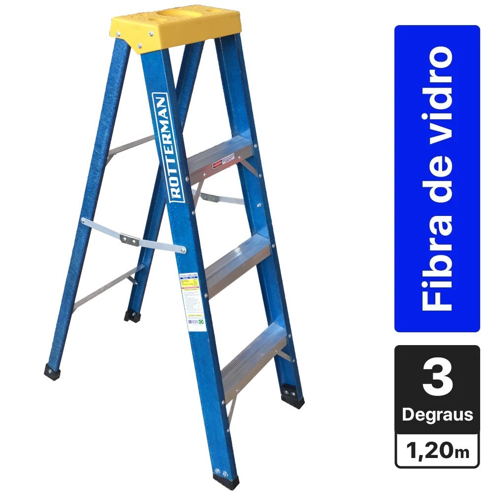 Escada tesoura simples em fibra de vidro 3 degraus + patamar 1,20 m- Premium Rotterman em Oferta na Shopee