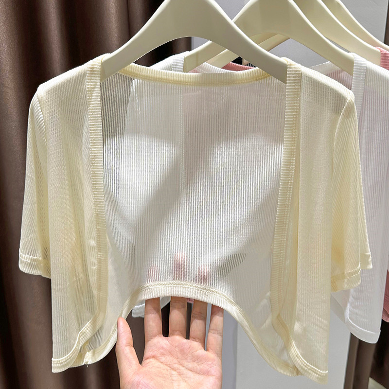 Branco tule gelo seda de manga curta Cardigan feminino verão malha vestido exterior xale estilo fino oco blusa jaqueta