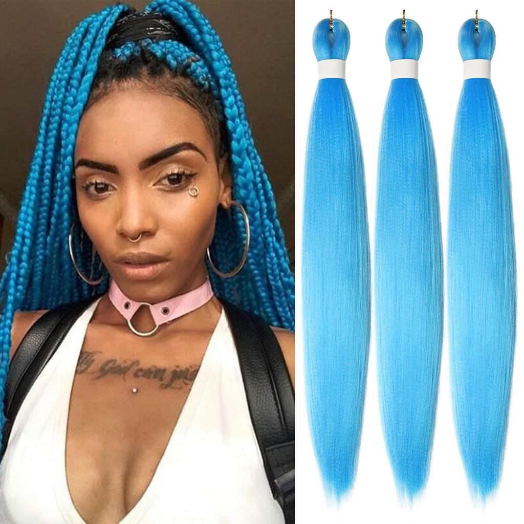 Light Blue Pre stretched Braiding Hair, 26 Inches Box Braids Hair Extensions, 3 Packs Yaki Texture Braiding Hair Pre str