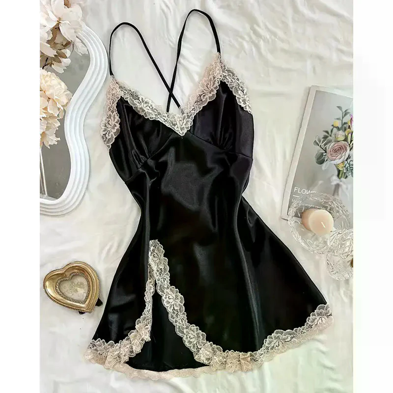 Fora Do Ombro Ultra Curto Sexy Sutiãs Pijamas Vestidos Noite Camisas Sexi Camisola Feminina Lingerie De Seda Ver Através