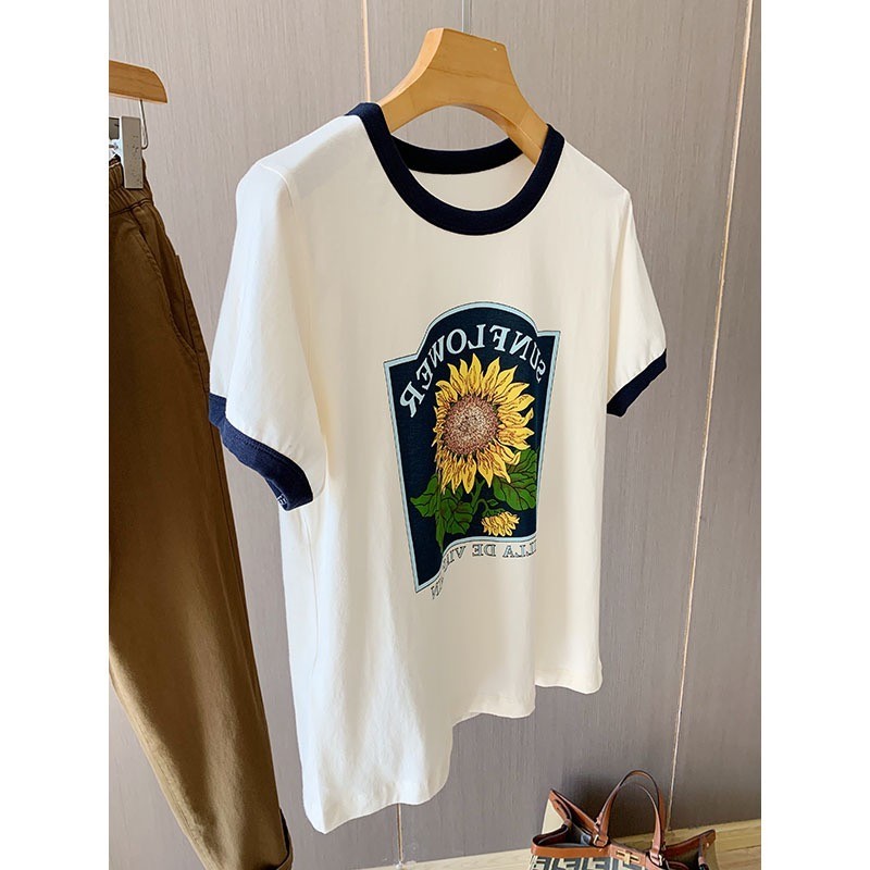 Estilo Popular deste ano 23 verão novo estilo puro algodão girassol impressão contraste cor Retro simples moda camiseta 