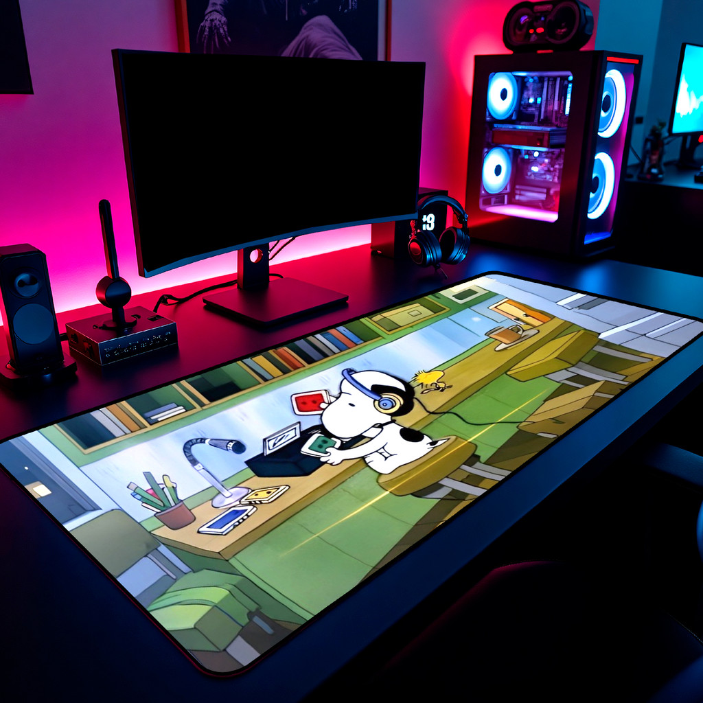 Mouse Pad Gamer Snoopy Peanuts Desenho 65x30cm 80x40cm 90x50cm 120x60cm Borda Costurada