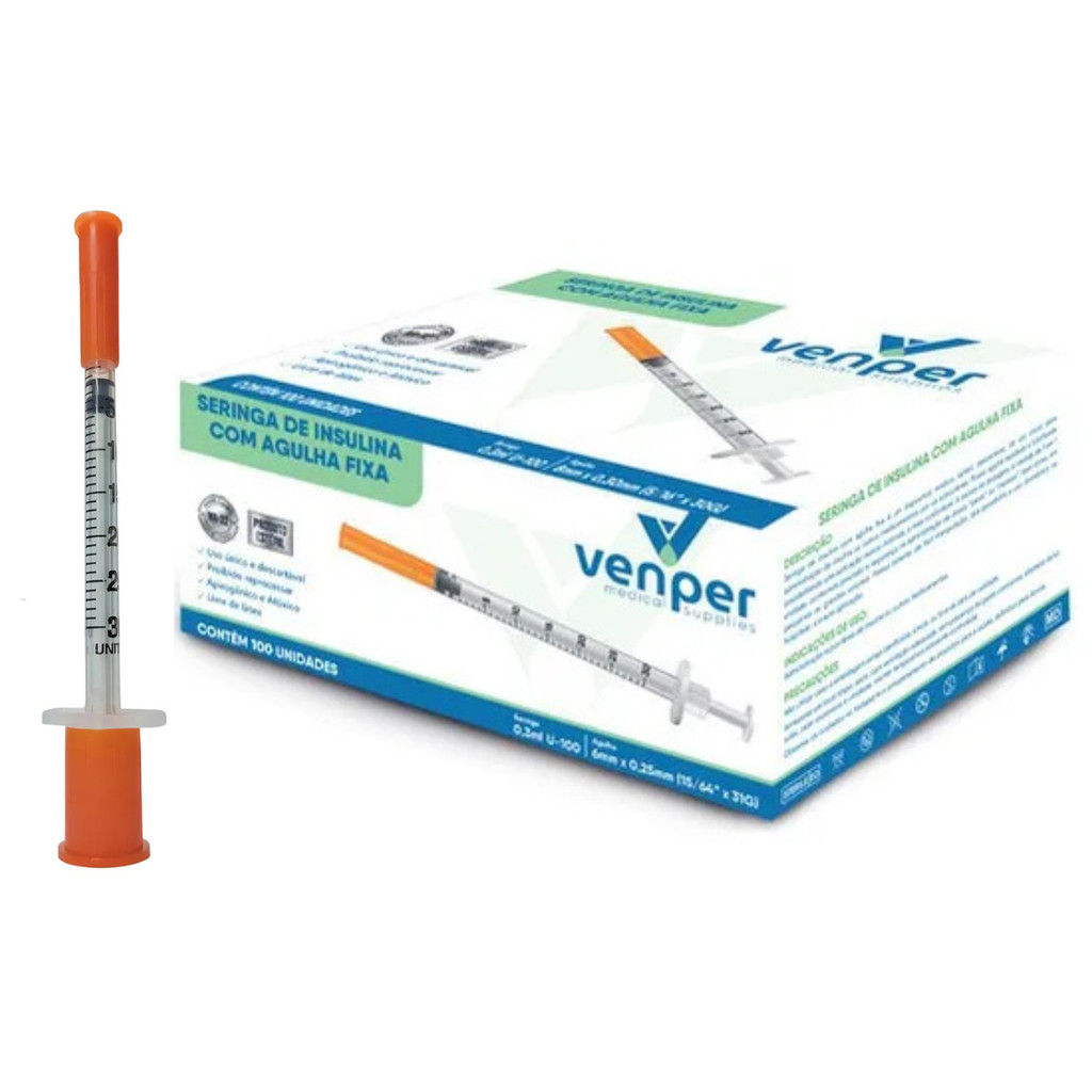 Seringa 0.3ml C/ Agulha Fixa 6x0,25mm Ultrafina Kit Até 50 Unidades Venper