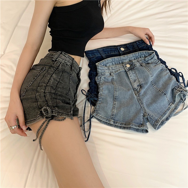 Shorts jeans feminino estilo ins menina quente cintura alta elástico magro cordão amarrado a linha calças de perna larga