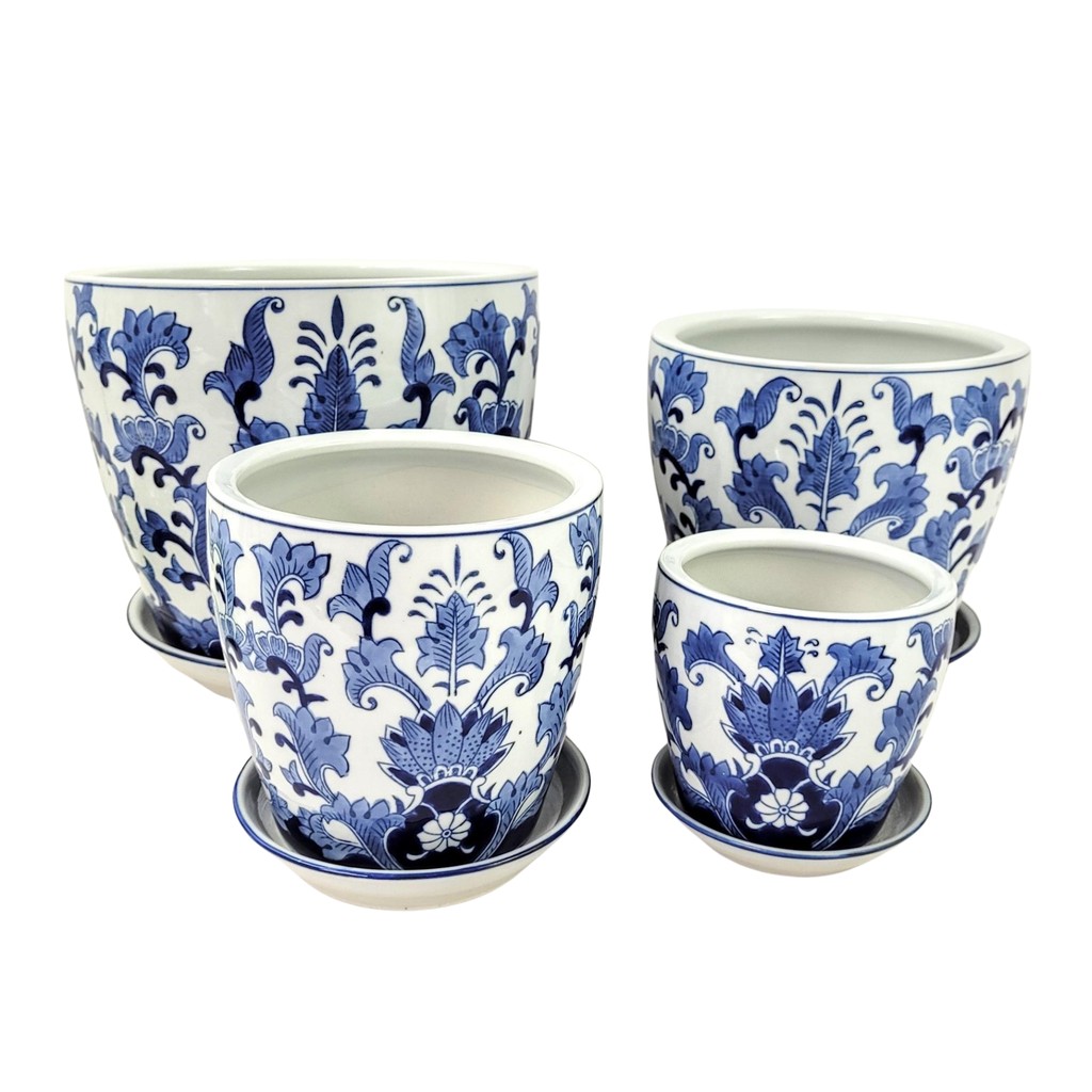 Kit 4 Vaso Porcelana Azul E Branco Floral Prato Decoração