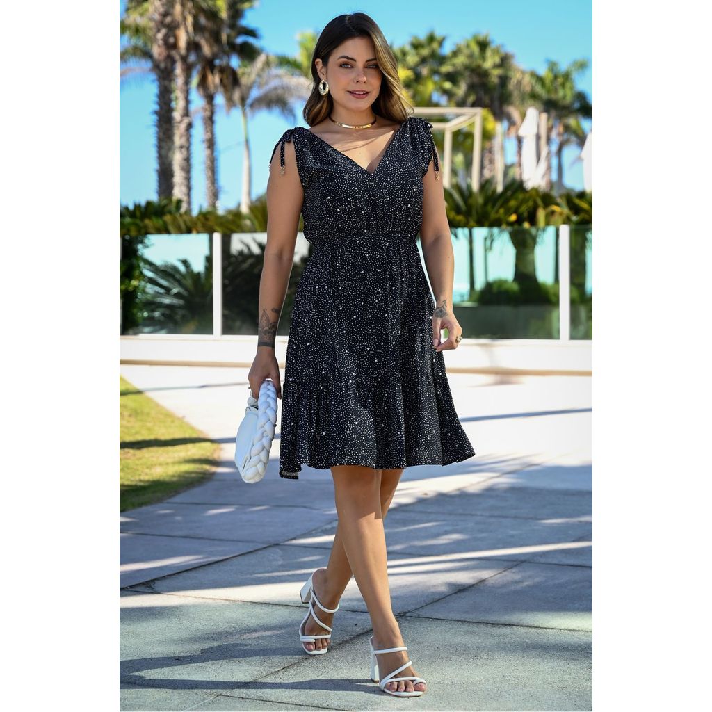 Vestido Casual Curto Emma - Estampa Poá com Estrelinhas Preto e Branco
