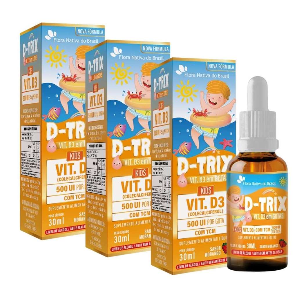 Kit 3 Suplemento Alimentar de Vitamina D Kids Dtrix ( 500 UI gota) + TCM 30ml Sabor Morango