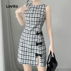 Lovito Xadrez Elegante Vestido lazer Colorblock arco vestido primavera/verão para mulheres L176ED045