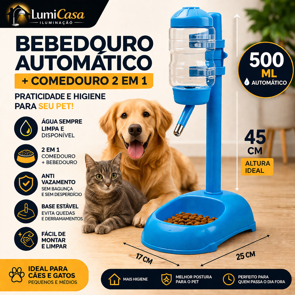 Bebedouro Automático Pet com Suporte 500ml + Comedouro Elevado Anti Vazamento Cães e Gatos