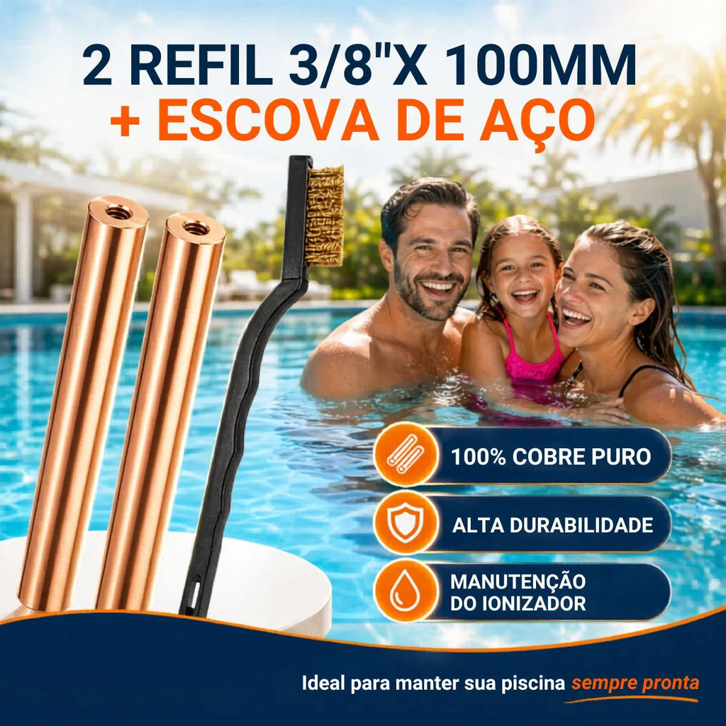 Kit 2 Refis Eletrodo de Cobre 3/8x100mm Rosca M4/M5 para Ionizador Solar Piscina + Escova de Aço