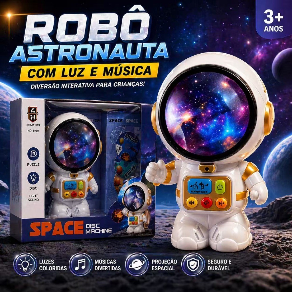 Brinquedo Robô Astronauta Infantil com Luz LED Música Projeção Espacial Interativo Presente Crianças