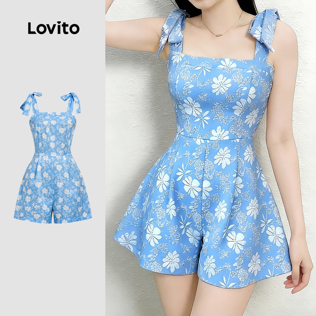 Lovito Macacão Elegante com Zíper Azul Primavera/verão para Mulheres L184LD603