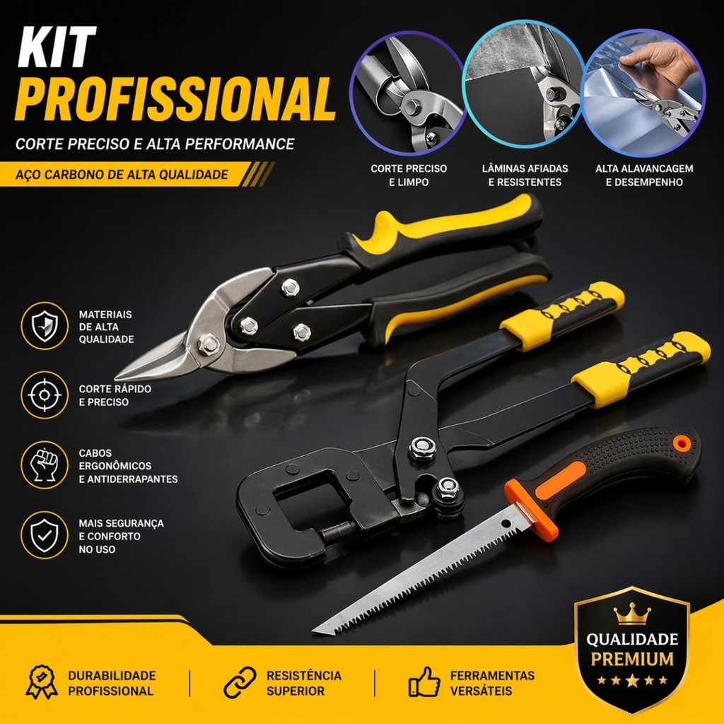 Kit Corte Drywall Gesseiro Tesoura Chapa Aço Alicate Puncionador Serrote Manual Perfis Montantes