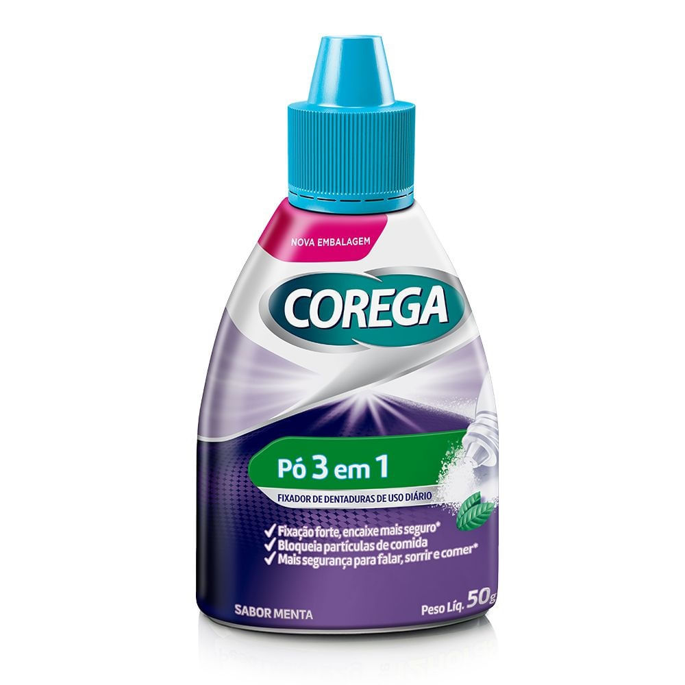 Pó Fixador de Dentadura Corega 3 em 1 Sabor Menta 50g