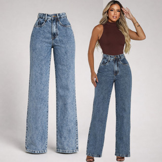 Calça Feminina Wide Leg Jeans Premium Algodão Cintura Alta Afina Cintura Elegante Casual …
