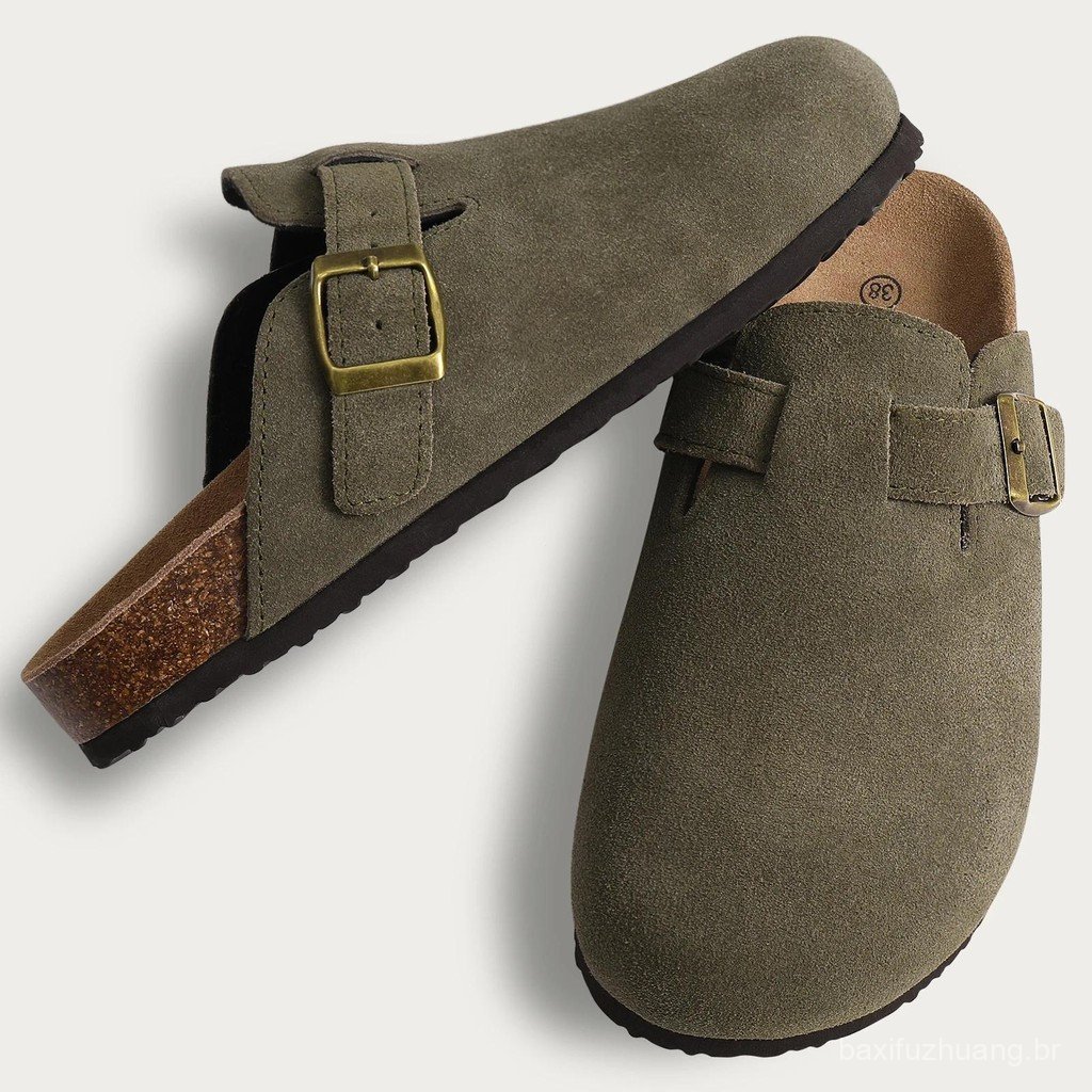 Sandálias Femininas De Camurça Mules Tamancos Palmilha De Cortiça Com Suporte Para Arco Slides De Praia Ao Ar Livre .
