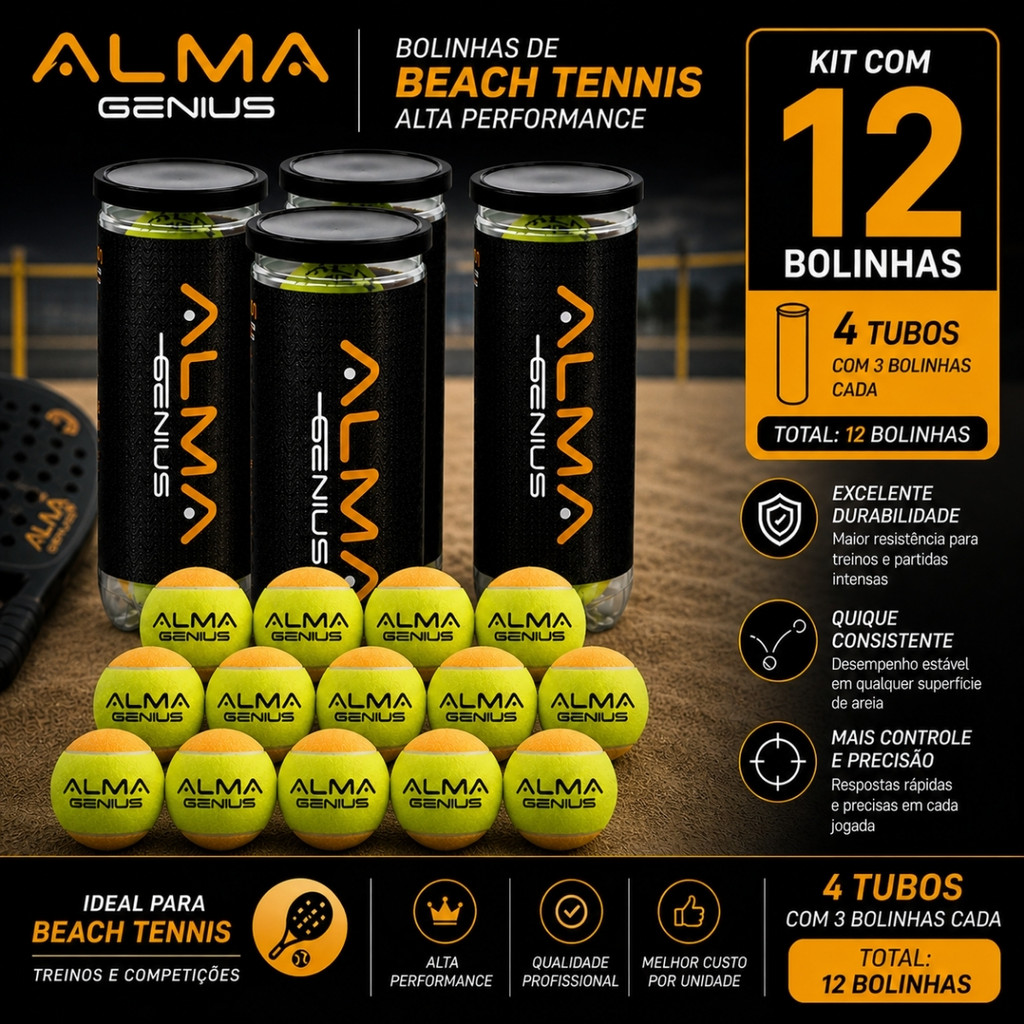 Kit Com 12 Bolas Beach Tennis Stage 2 Pro Alma Genius