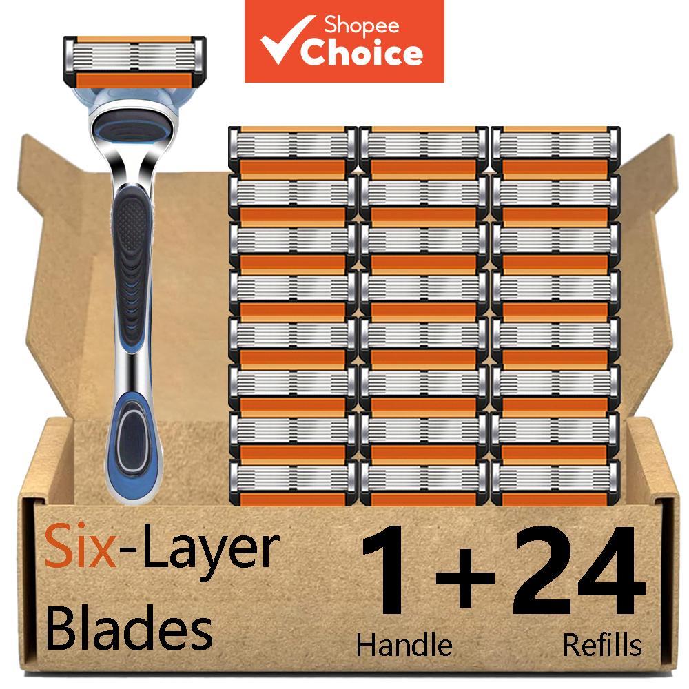 Conjunto De Barbeador De Lâmina De 6 Camadas Masculino – 1 Alça E 24 Lâminas , Punho Antiderrapante , Compatível Com Gil